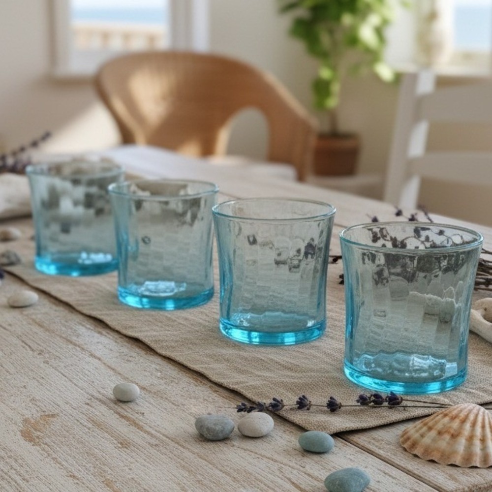 Wheaton Blue Tint Tumblers, Set of 4, Swirl-Design Pressed Glass, Mid-Century
